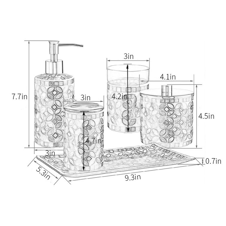 Dovecove Glass bathroom accessory set with decorative pressed pattern